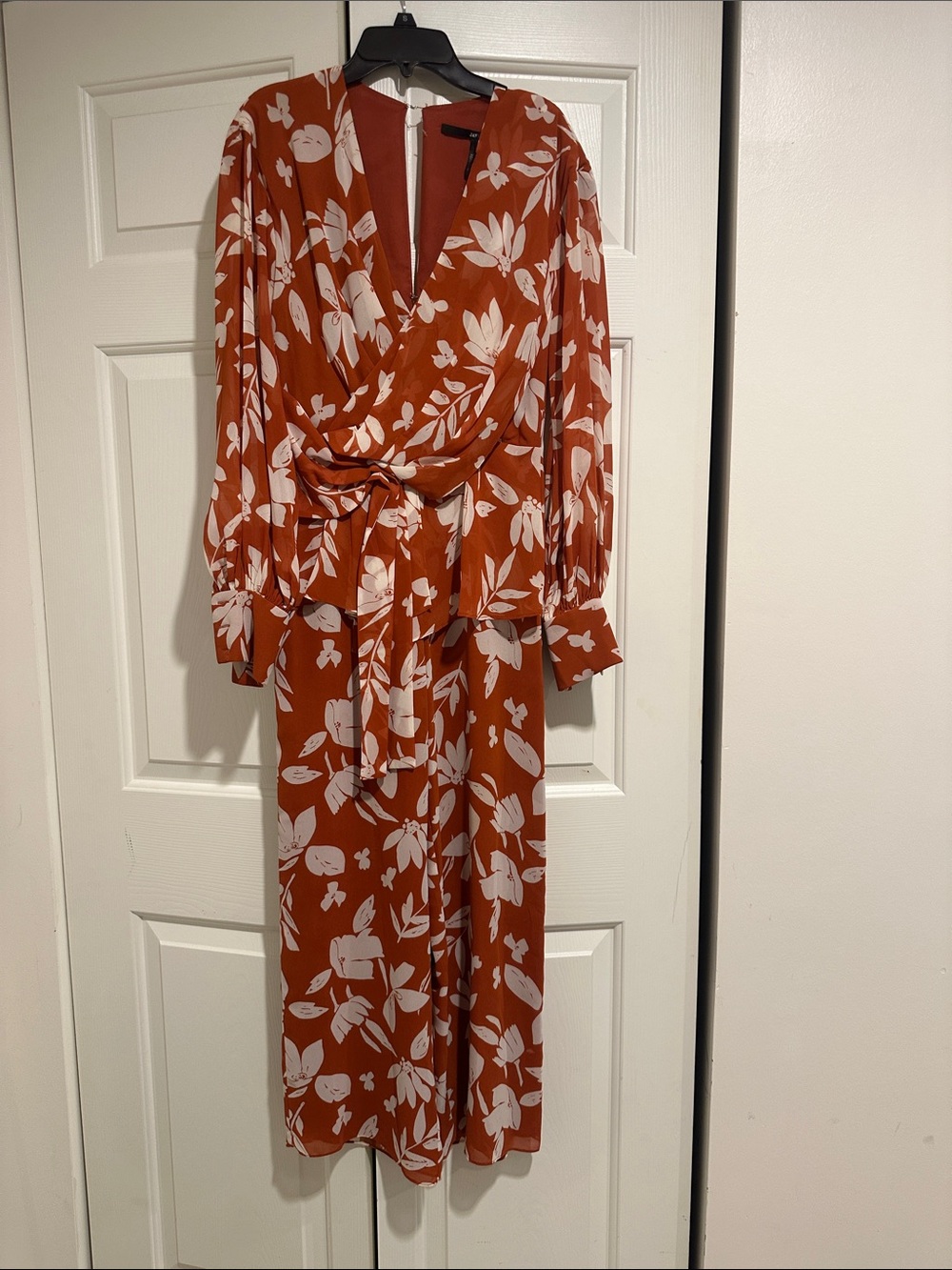 JAYGODFREY Rust and White Floral Long Sleeve Wrap Maxi Dress